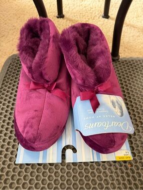 dearfoams Plush Burgundy Plush-Fur Bow Slipper Booties